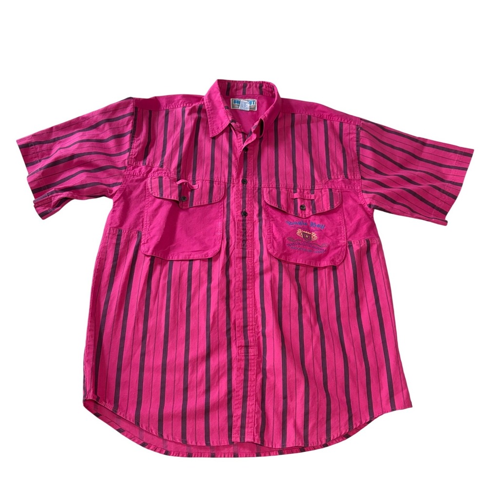 Vintage 90s Bugle Boy Shirt Large Direction Striped Pink Navy Button Down Retro